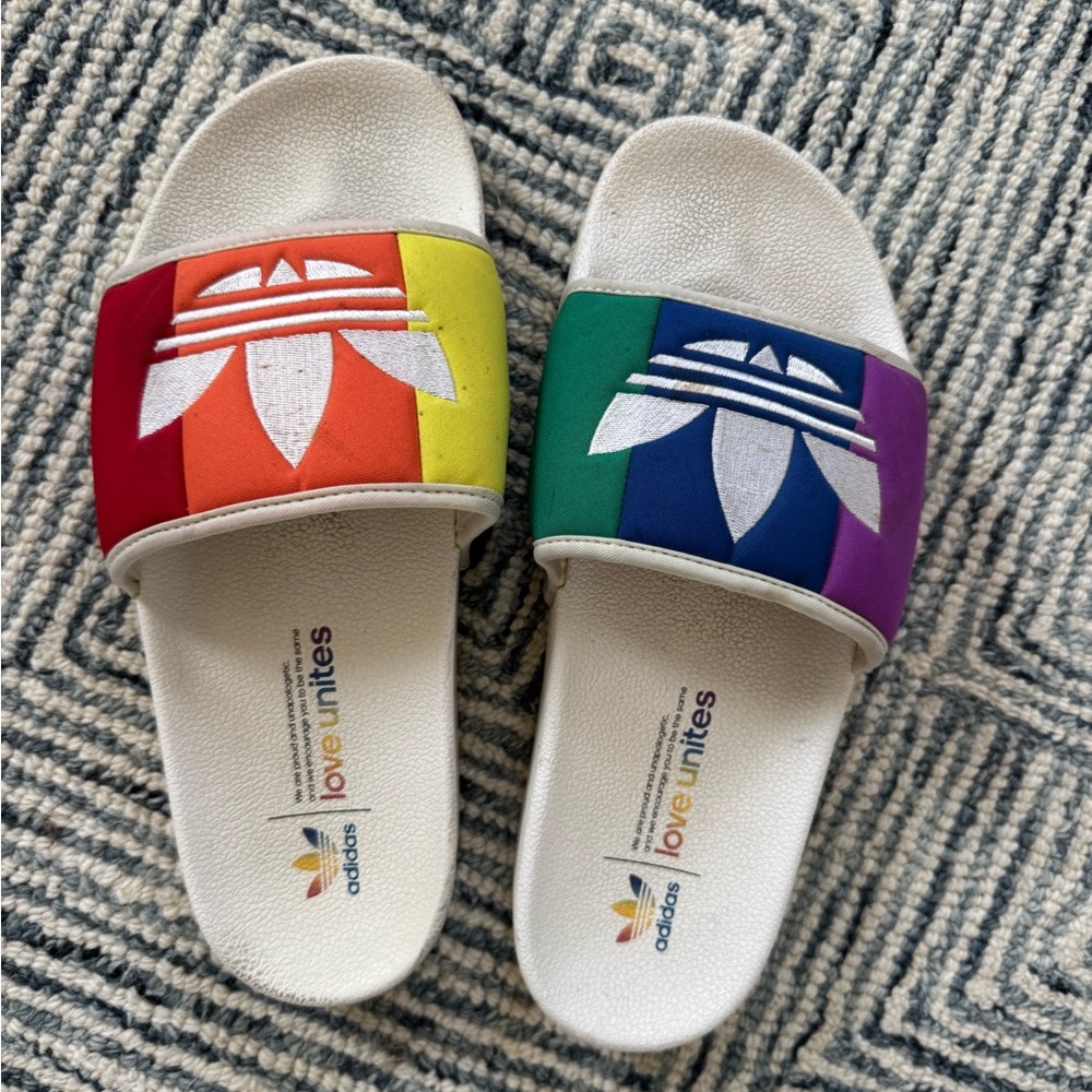 Adidas Love Unites Rainbow Slides Sandals White Multicolor Trefoil Pride Men’s 9 - Picture 7 of 7